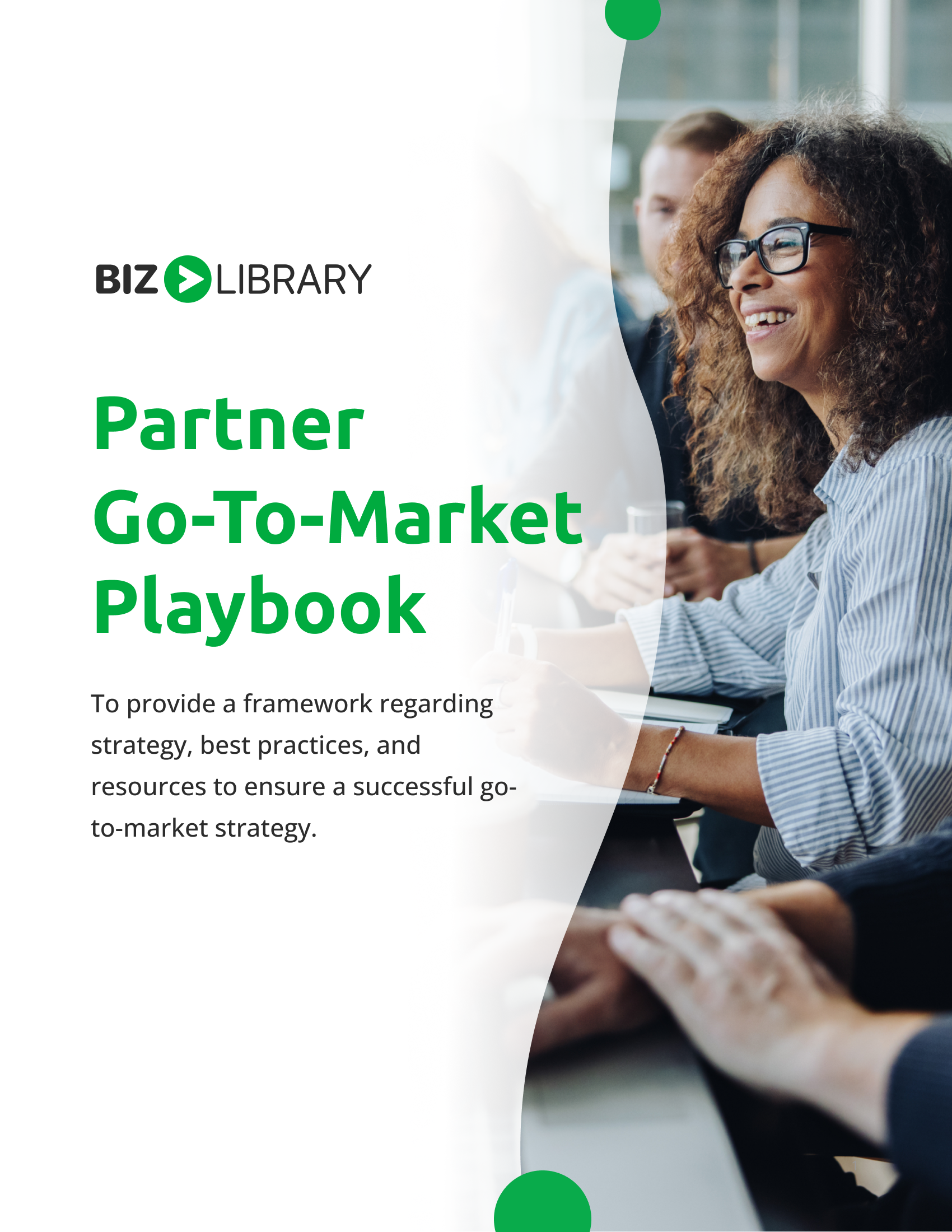 BizLibrary image of the cover of the go-to-market playbook with people smiling at work in front of their laptops